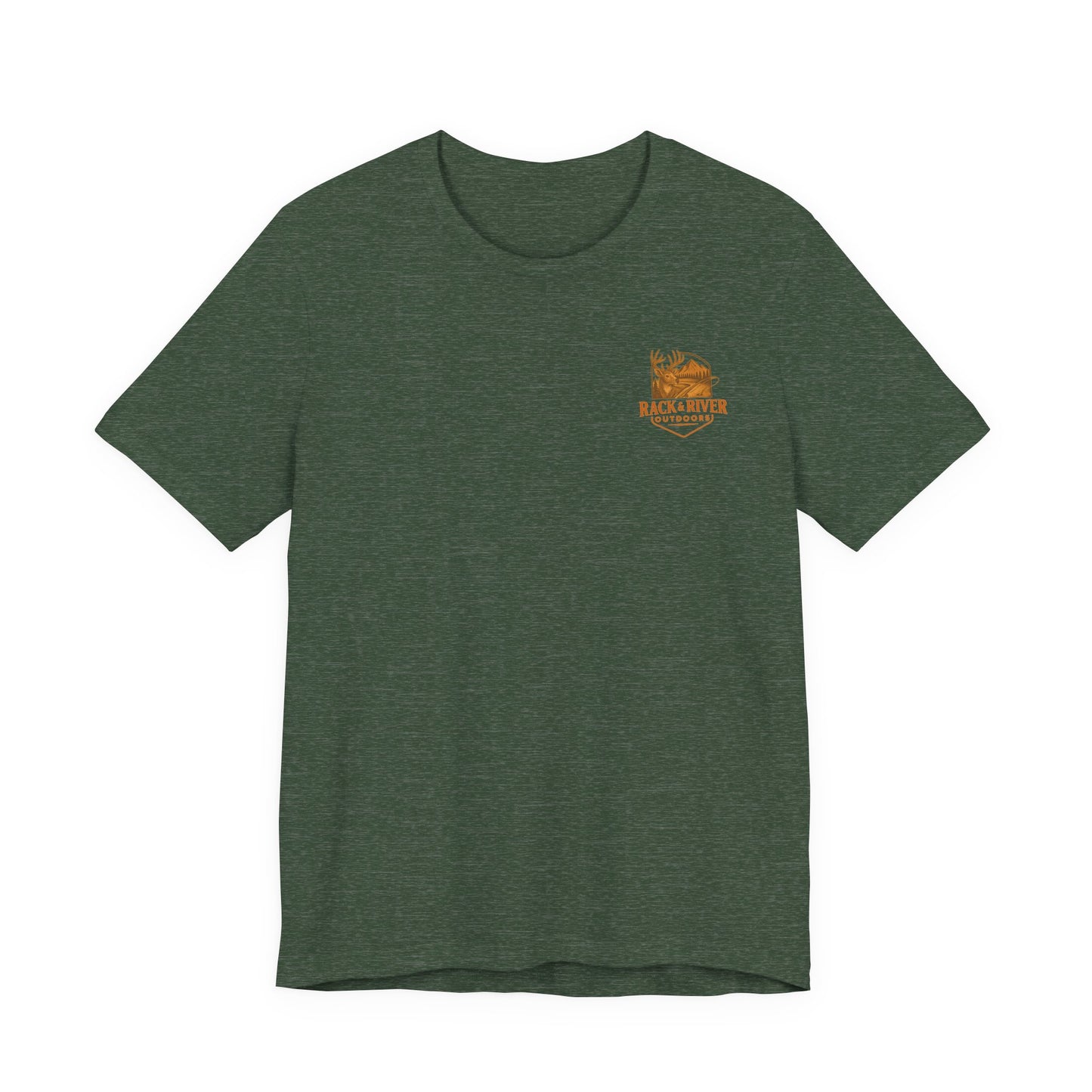 Green Christian outdoor lifestyle t-shirt featuring small Rack & River Outdoors deer logo on the left chest, product display on white background.