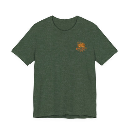 Green Christian outdoor lifestyle t-shirt featuring small Rack & River Outdoors deer logo on the left chest, product display on white background.