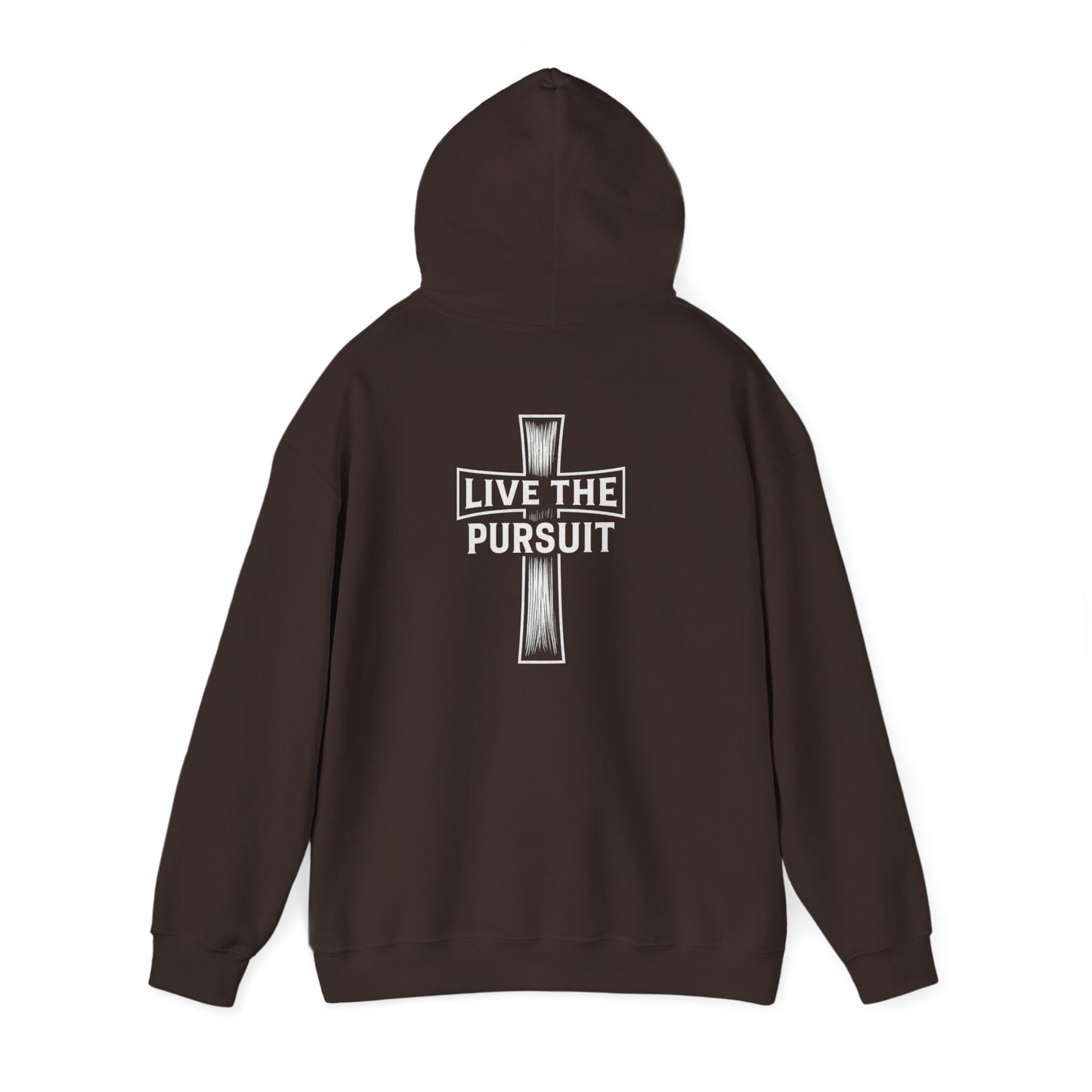 Brown Christian hoodie with Live The Pursuit cross design on the back.