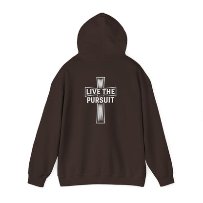 Brown Christian hoodie with Live The Pursuit cross design on the back.