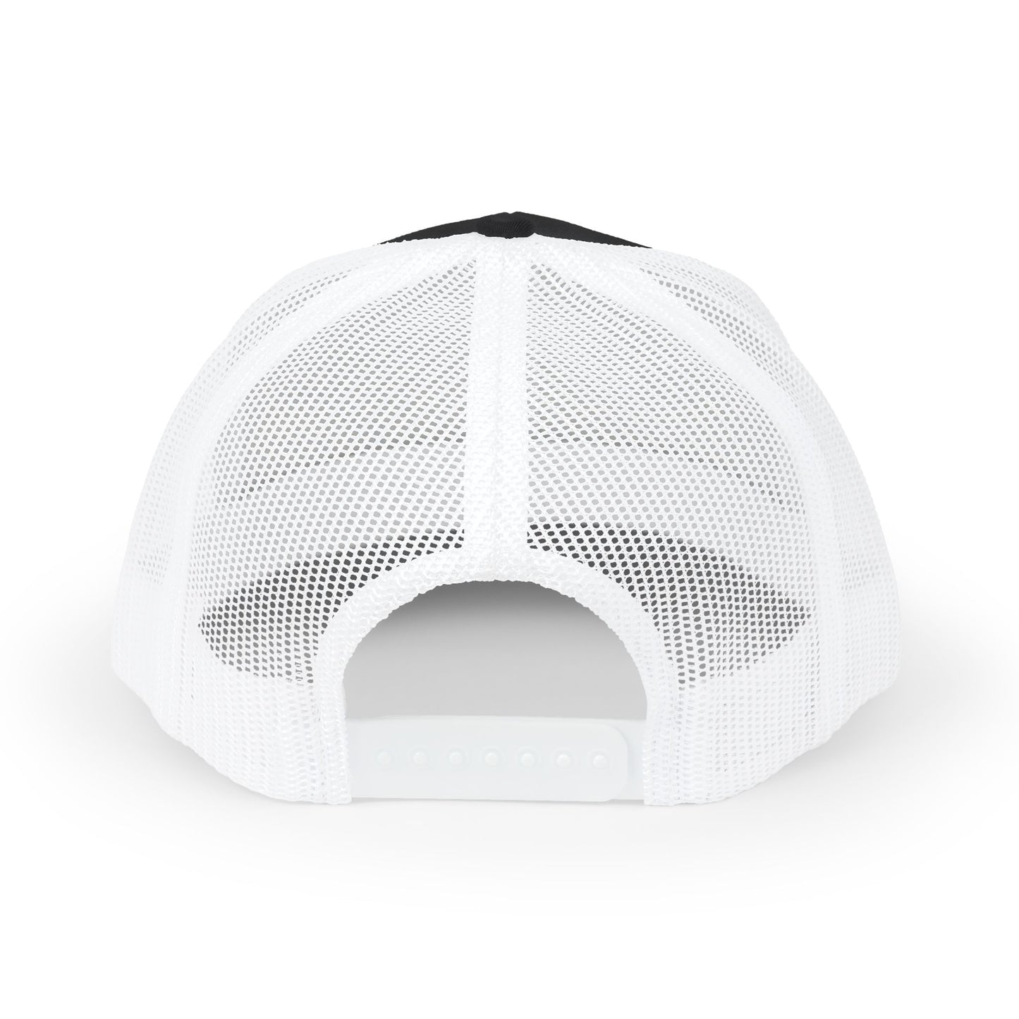Back view of gray and white Rack & River Outdoors mesh trucker cap 