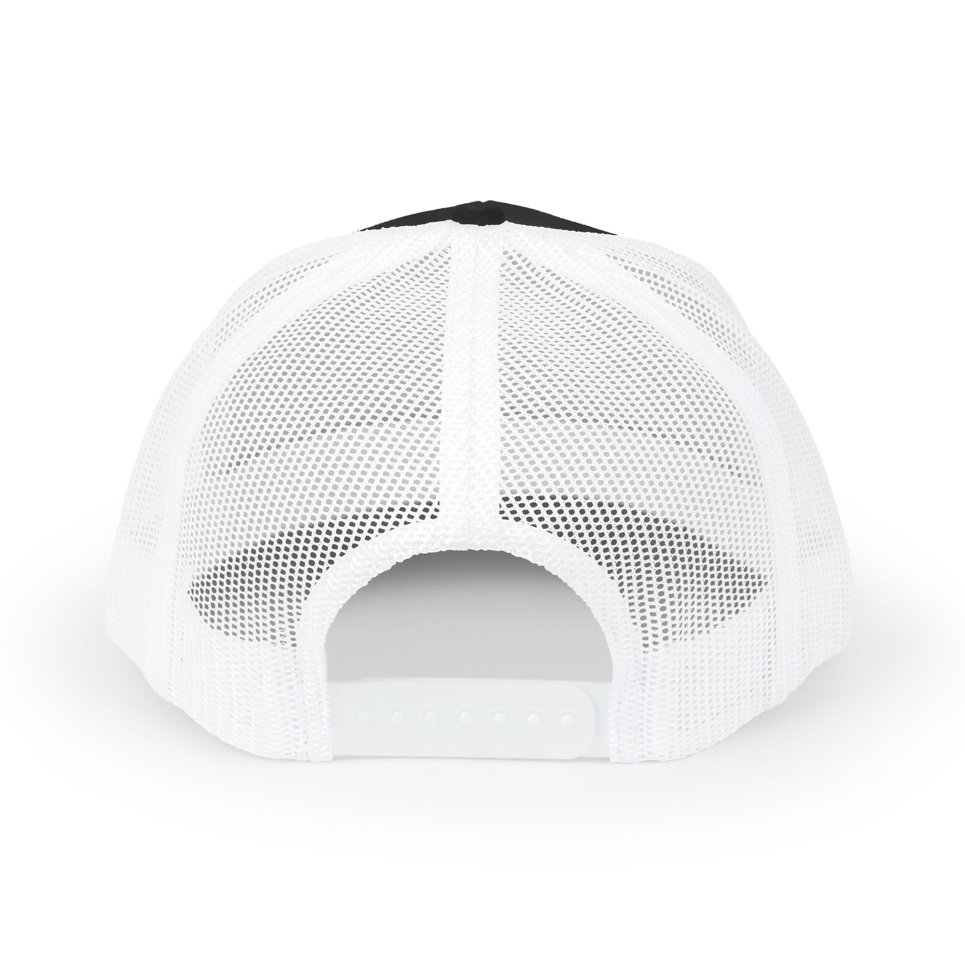 Back view of gray and white Rack & River Outdoors mesh trucker cap 