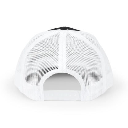 Back view of gray and white Rack & River Outdoors mesh trucker cap 