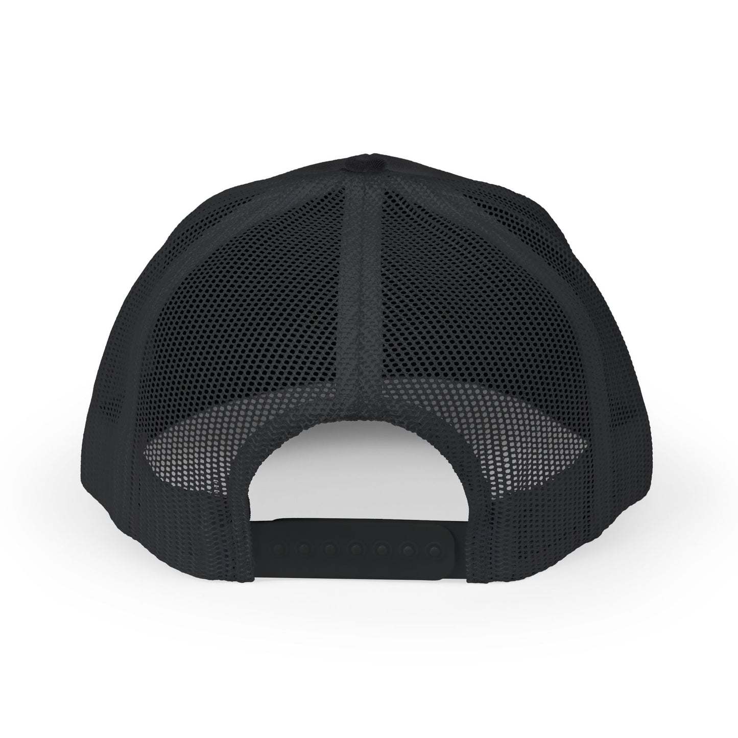 Back view of black Rack & River Outdoors mesh trucker cap 