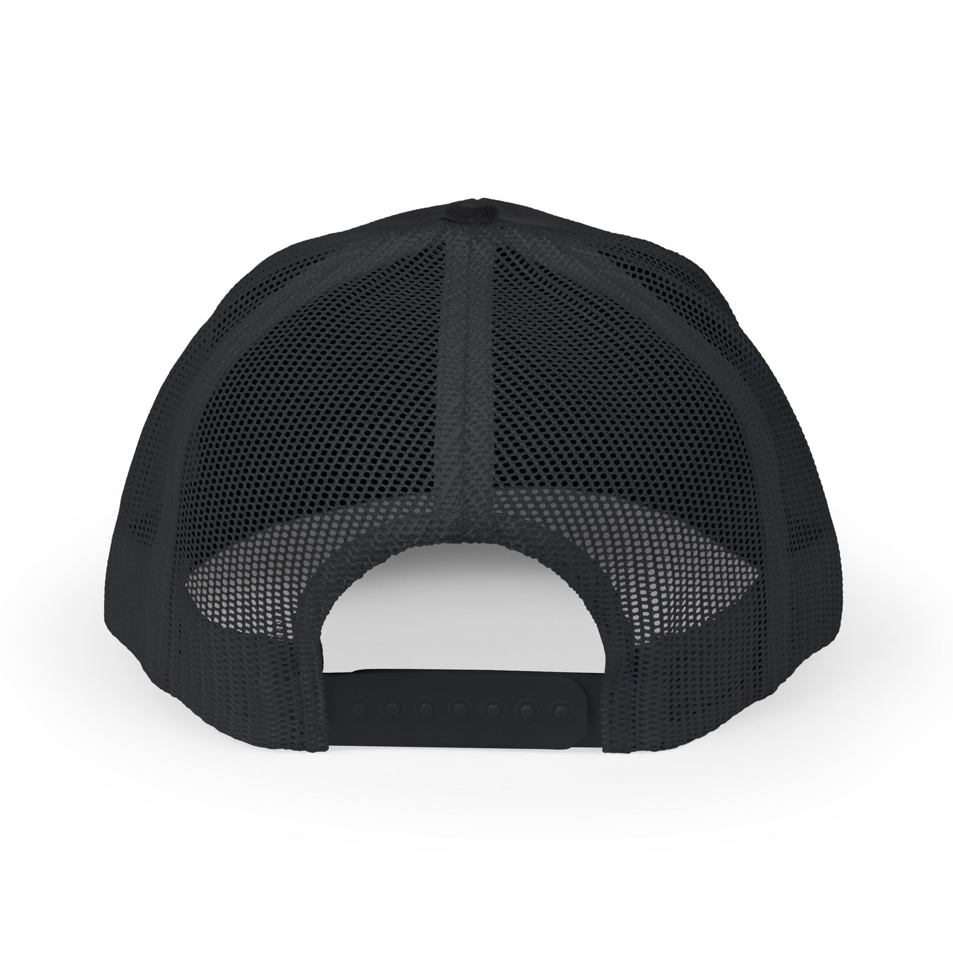 Back view of black Rack & River Outdoors mesh trucker cap 