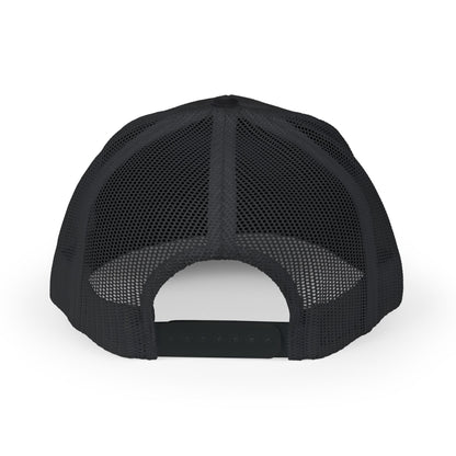 Back view of black Rack & River Outdoors mesh trucker cap 