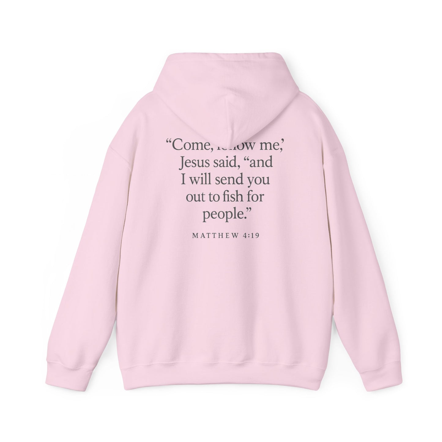 Pink Rack & River Outdoors hoodie with Matthew 4:19 scripture saying ‘Come, follow me’ and fishing-for-people design.