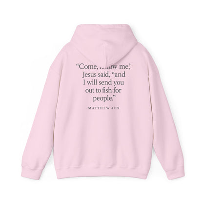 Pink Rack & River Outdoors hoodie with Matthew 4:19 scripture saying ‘Come, follow me’ and fishing-for-people design.