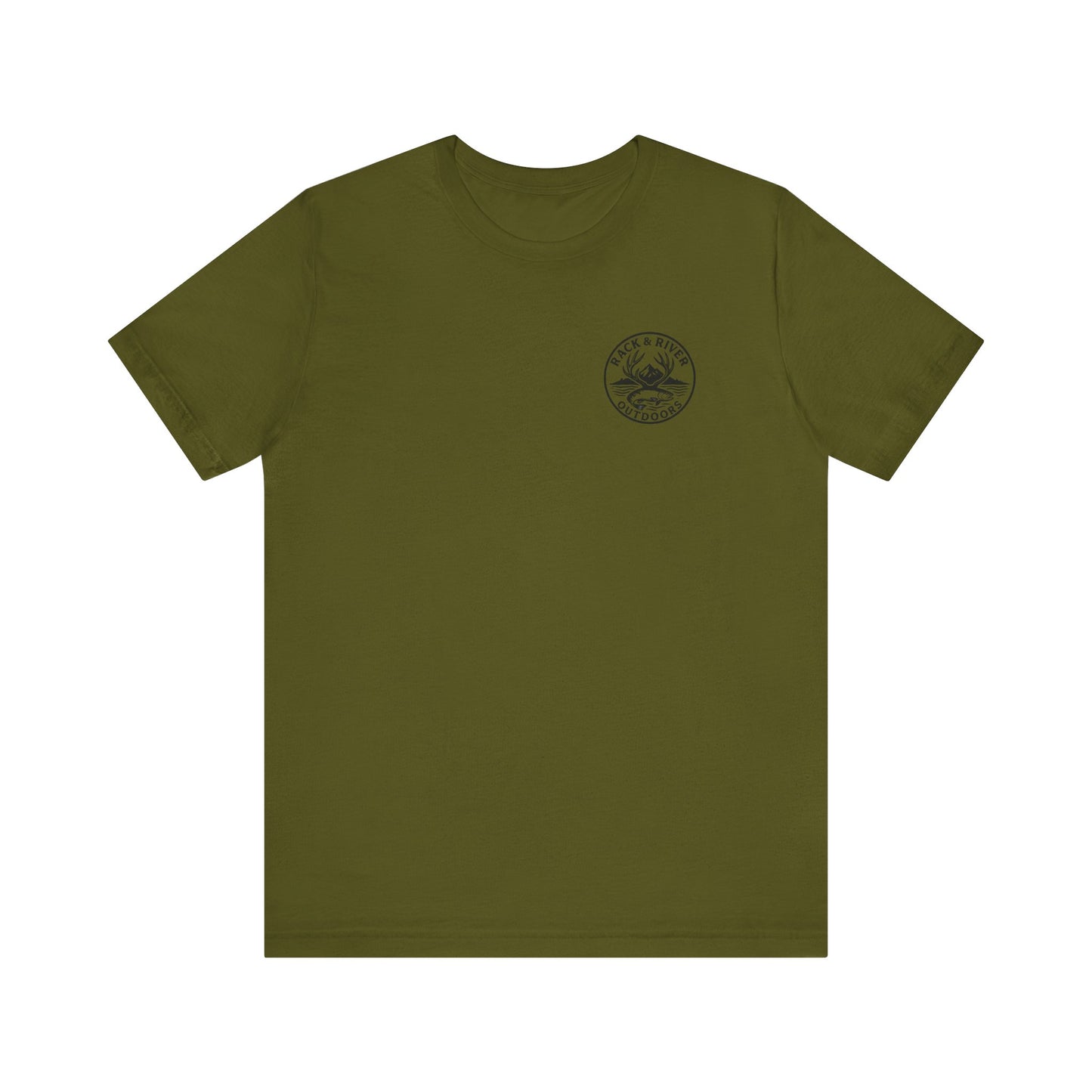 Olive green Rack & River Outdoors t-shirt with small compass chest logo.