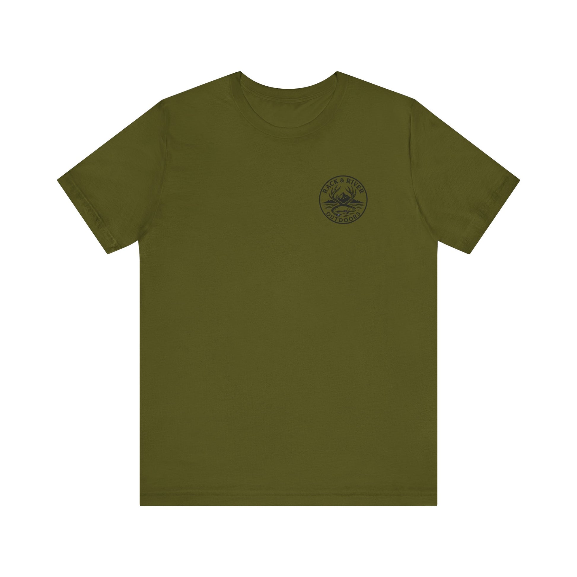 Olive green Rack & River Outdoors t-shirt with small compass chest logo.