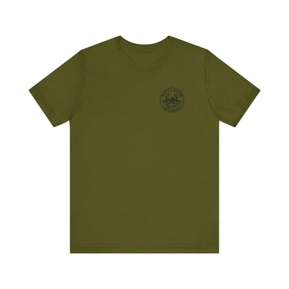 Olive green Rack & River Outdoors t-shirt with small compass chest logo.