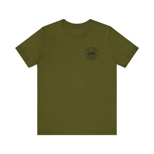 Olive green Rack & River Outdoors t-shirt with small compass chest logo.