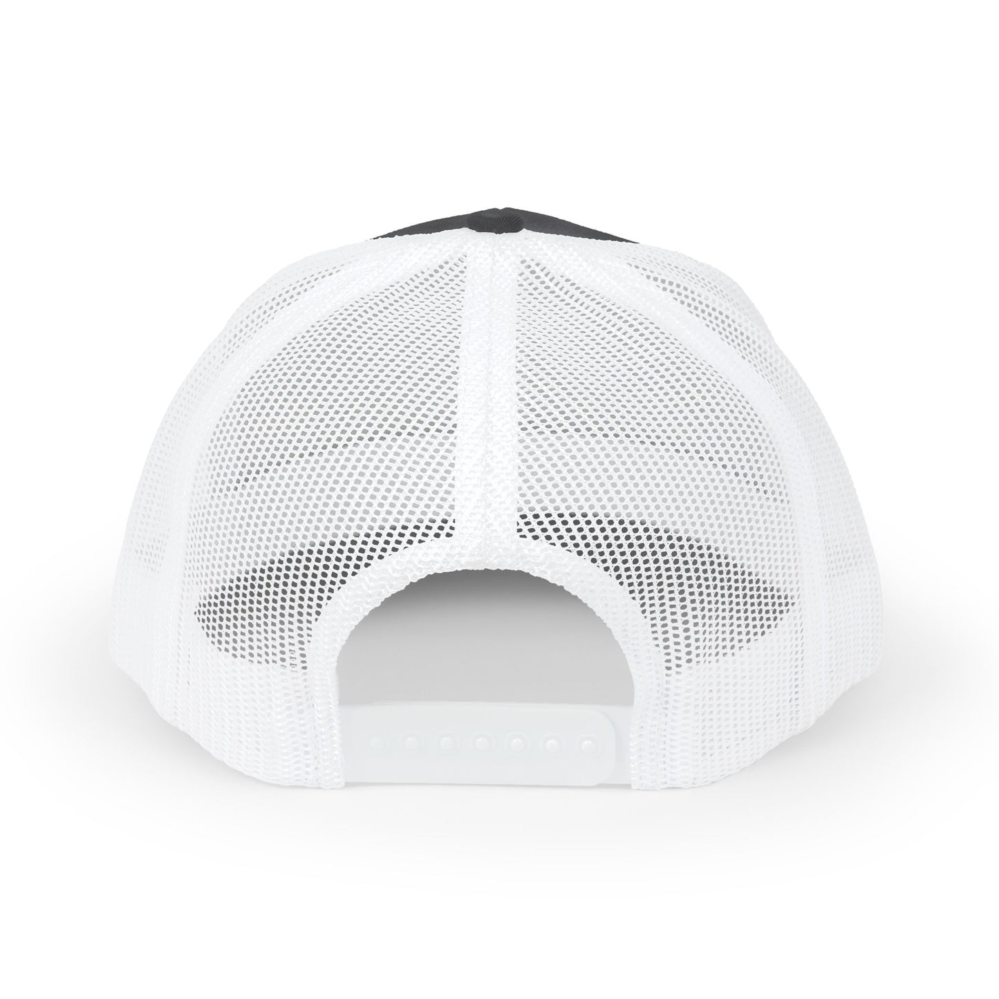 Back view of gray and white Rack & River Outdoors mesh trucker cap 