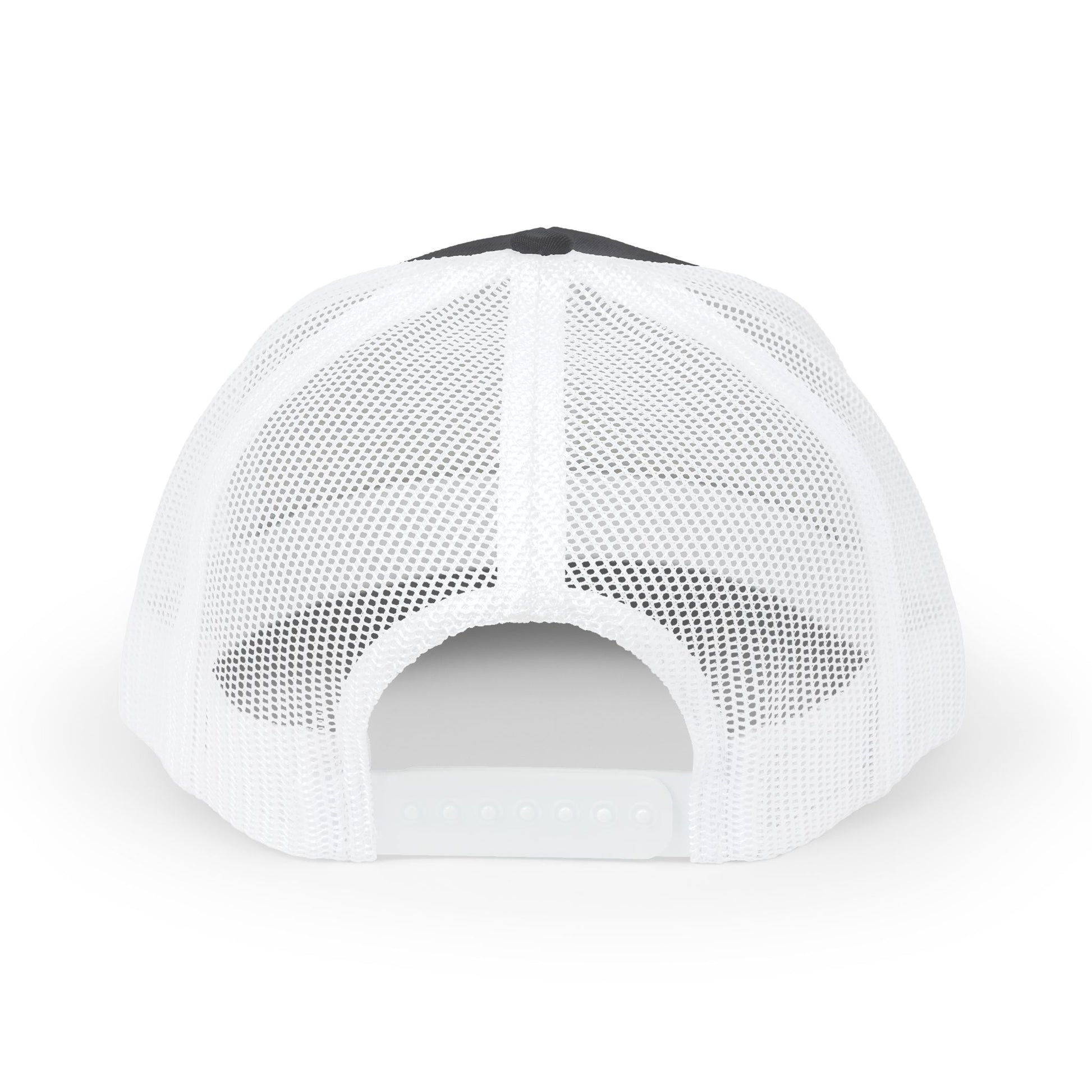 Back view of gray and white Rack & River Outdoors mesh trucker cap 