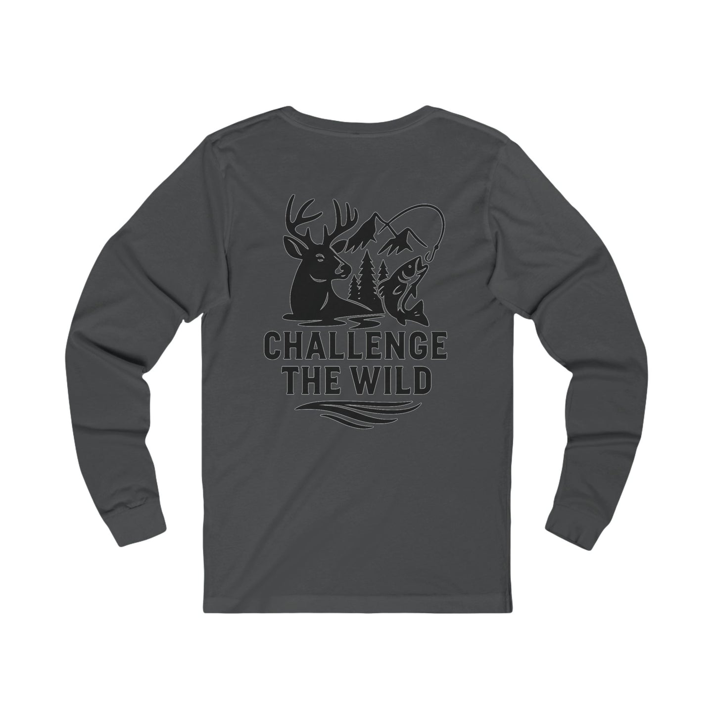 Gray long sleeve shirt with black “Challenge the Wild” deer and wilderness graphic.