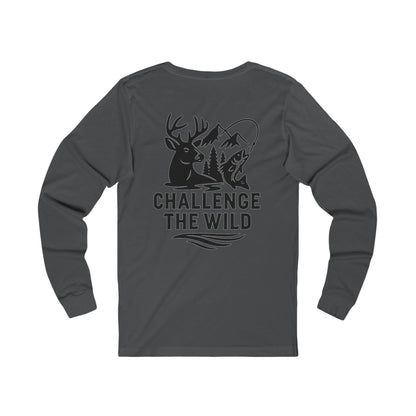 Gray long sleeve shirt with black “Challenge the Wild” deer and wilderness graphic.