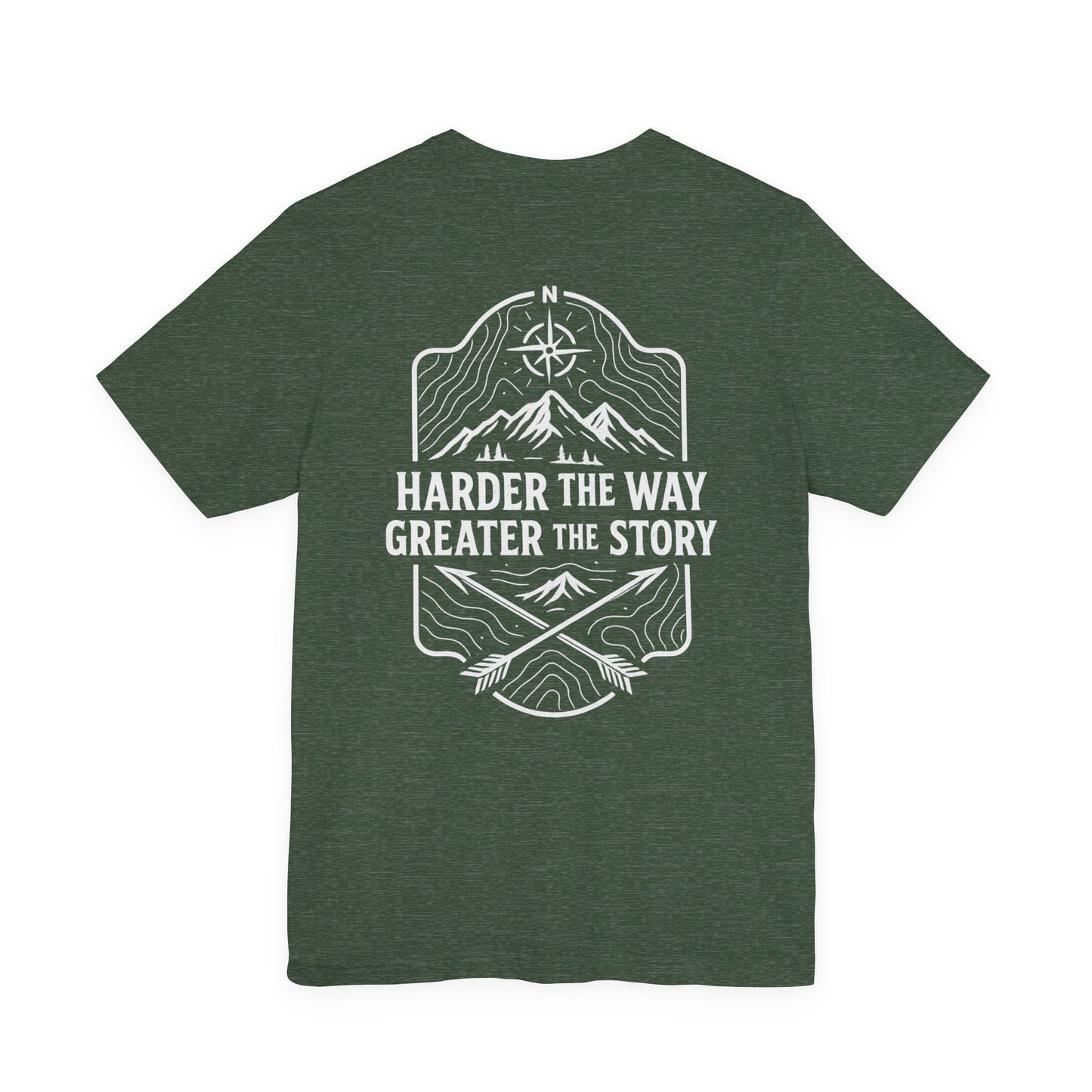 green Rack & River Outdoors t-shirt with ‘Harder the Way, Greater the Story’ mountain compass graphic on the back.