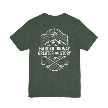 green Rack & River Outdoors t-shirt with ‘Harder the Way, Greater the Story’ mountain compass graphic on the back.