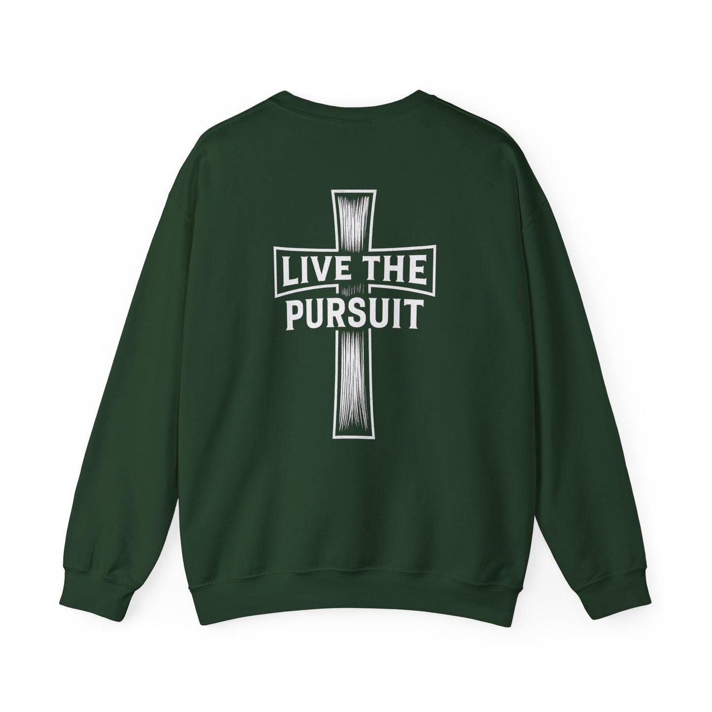 Green Christian crewneck with ‘Live The Pursuit’ cross design by Rack & River Outdoors.