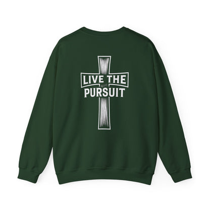 Green Christian crewneck with ‘Live The Pursuit’ cross design by Rack & River Outdoors.