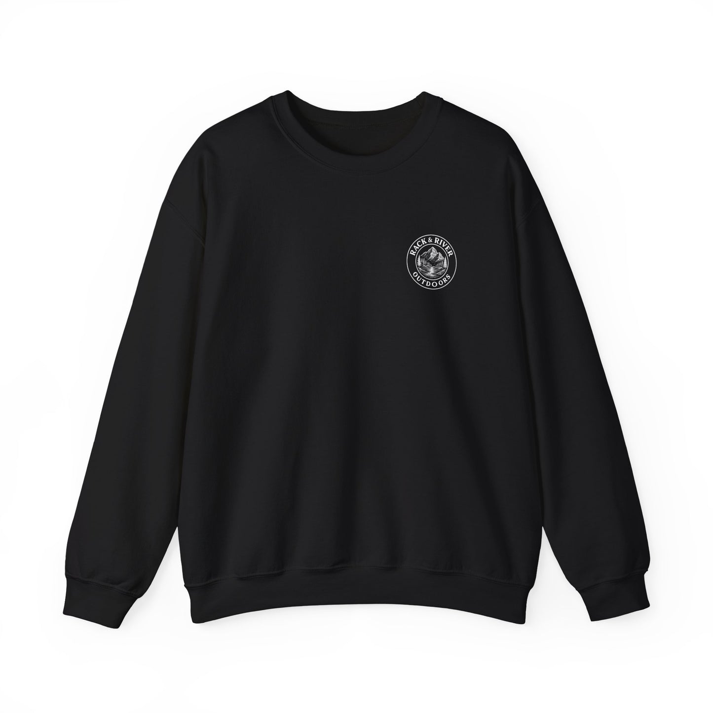 Black crewneck with small Rack & River Outdoors chest logo.