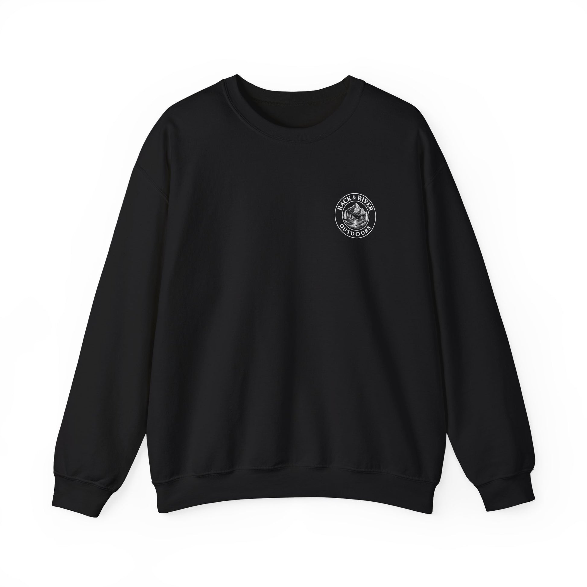Black crewneck with small Rack & River Outdoors chest logo.