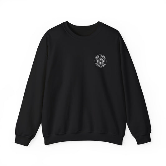 Black crewneck with small Rack & River Outdoors chest logo.