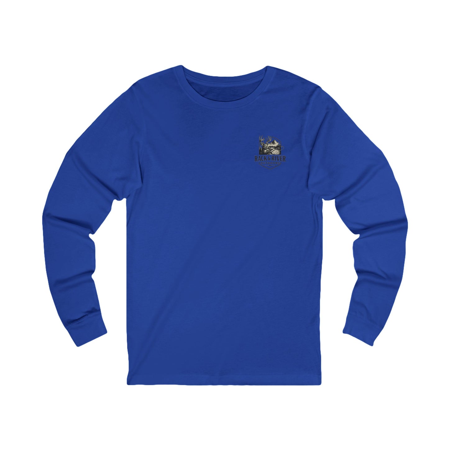 Blue long sleeve shirt with Rack & River Outdoors chest logo.