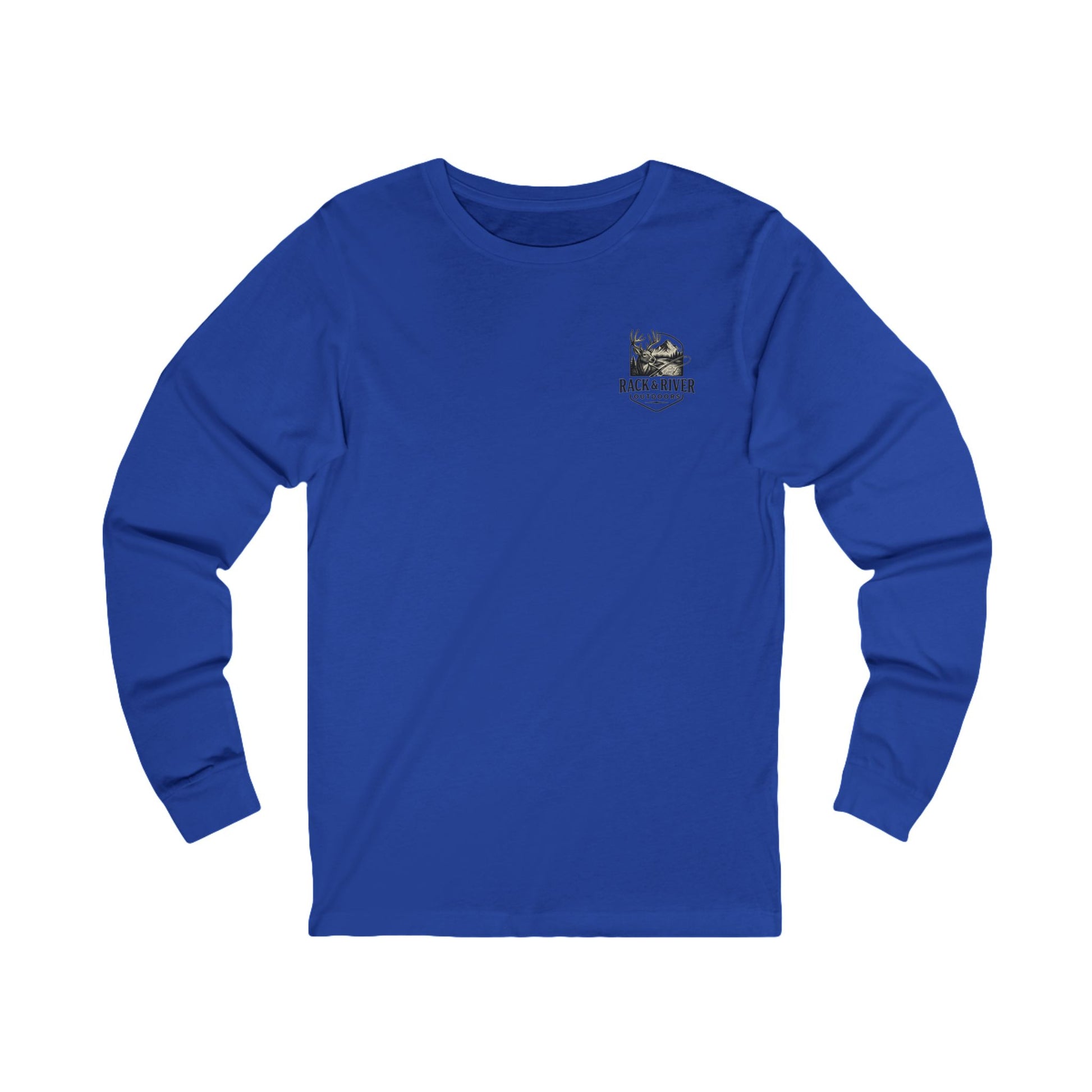 Blue long sleeve shirt with Rack & River Outdoors chest logo.