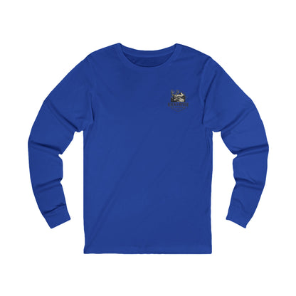 Blue long sleeve shirt with Rack & River Outdoors chest logo.