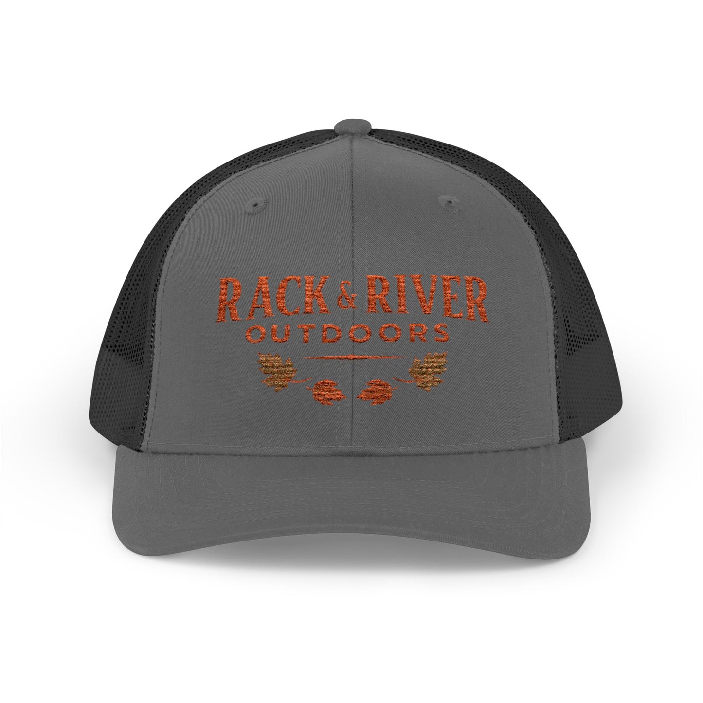 Christian outdoor trucker hat in gray and black with embroidered Rack & River Outdoors logo.”
“Rack & River Outdoors brown trucker cap with orange embroidered outdoor lifestyle logo.