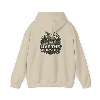 Sand-colored Rack & River Outdoors hoodie with Live The Pursuit circular deer antler design.