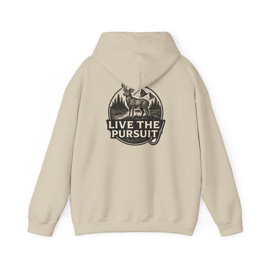 Sand-colored Rack & River Outdoors hoodie with Live The Pursuit circular deer antler design.