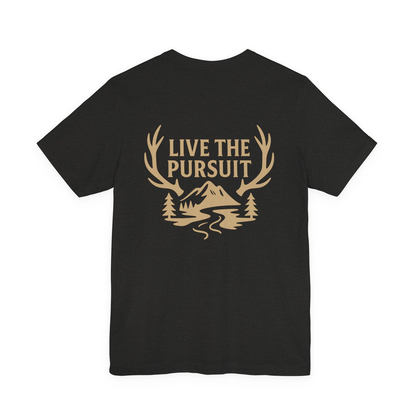 Black Live The Pursuit t-shirt with antler and river outdoor graphic.