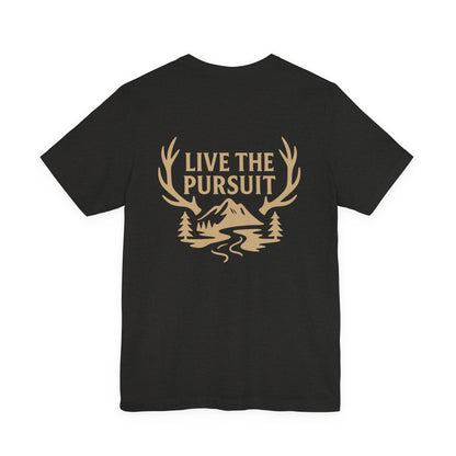 Black Live The Pursuit t-shirt with antler and river outdoor graphic.