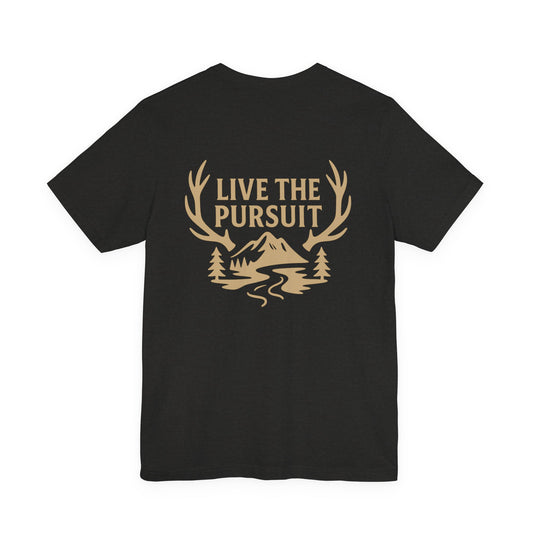 Black Live The Pursuit t-shirt with antler and river outdoor graphic.