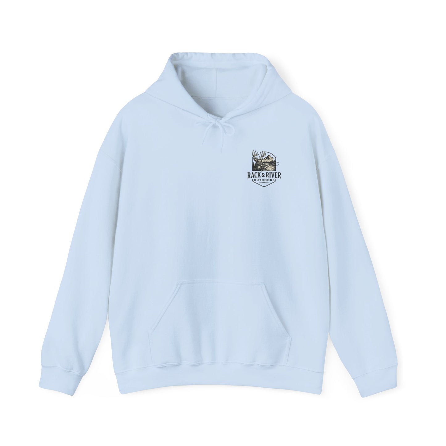 Light Blue hoodie with small Rack & River Outdoors chest logo, Christian outdoor apparel.