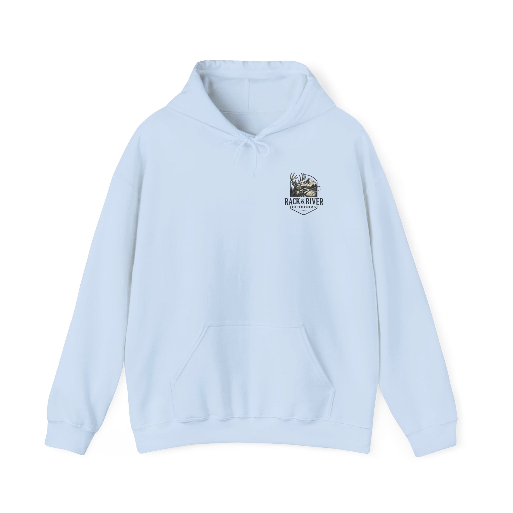 Light Blue hoodie with small Rack & River Outdoors chest logo, Christian outdoor apparel.