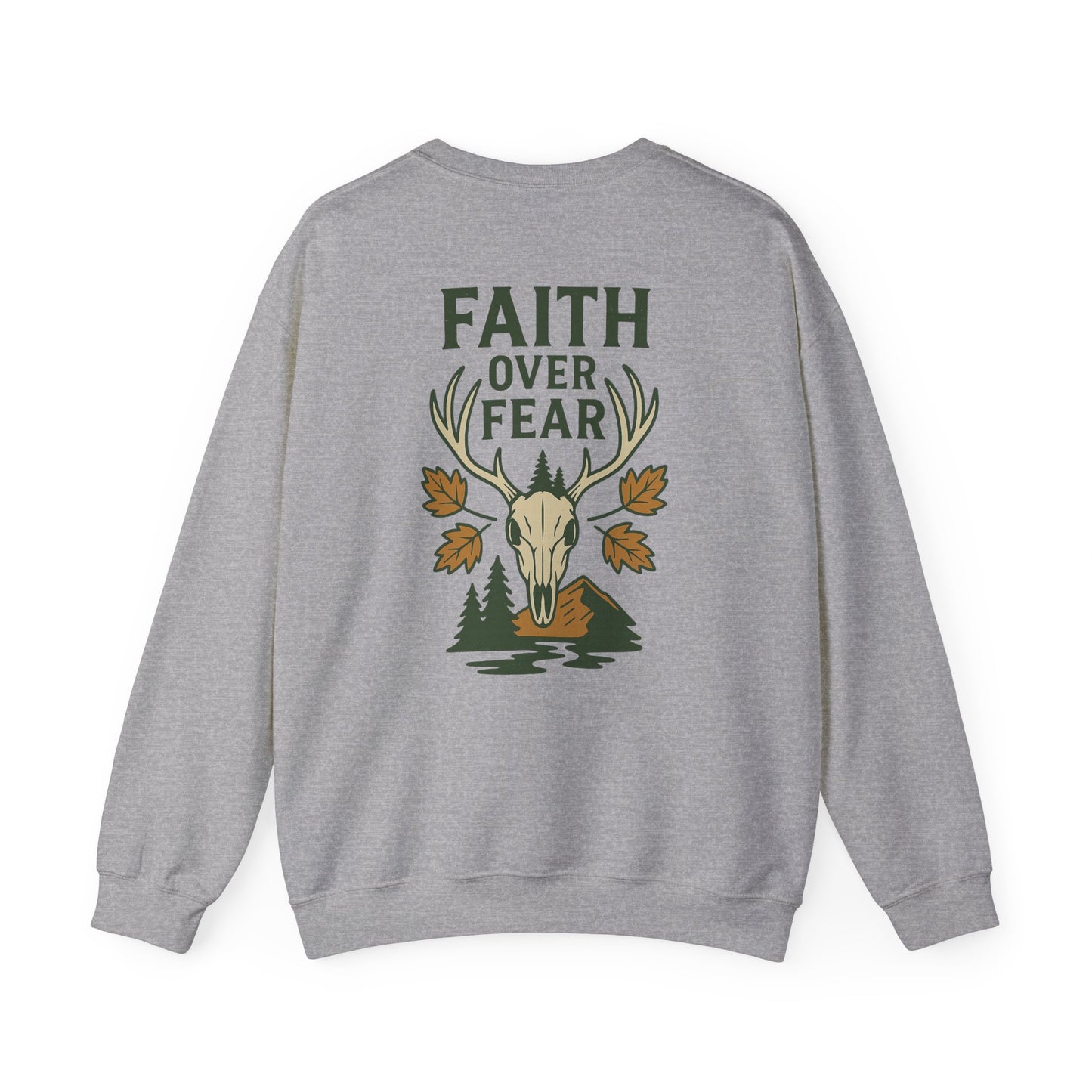 Gray Christian crewneck with ‘Faith Over Fear’ deer skull and fall leaves graphic, faith-based outdoor sweatshirt.