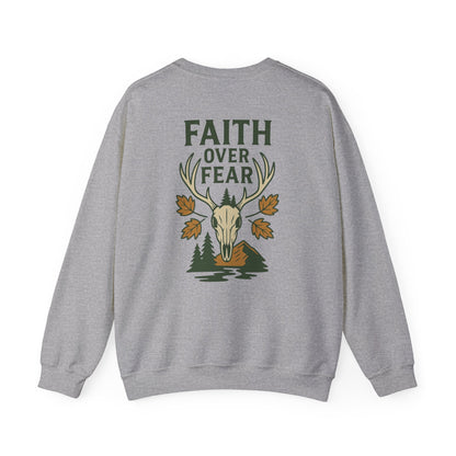 Gray Christian crewneck with ‘Faith Over Fear’ deer skull and fall leaves graphic, faith-based outdoor sweatshirt.