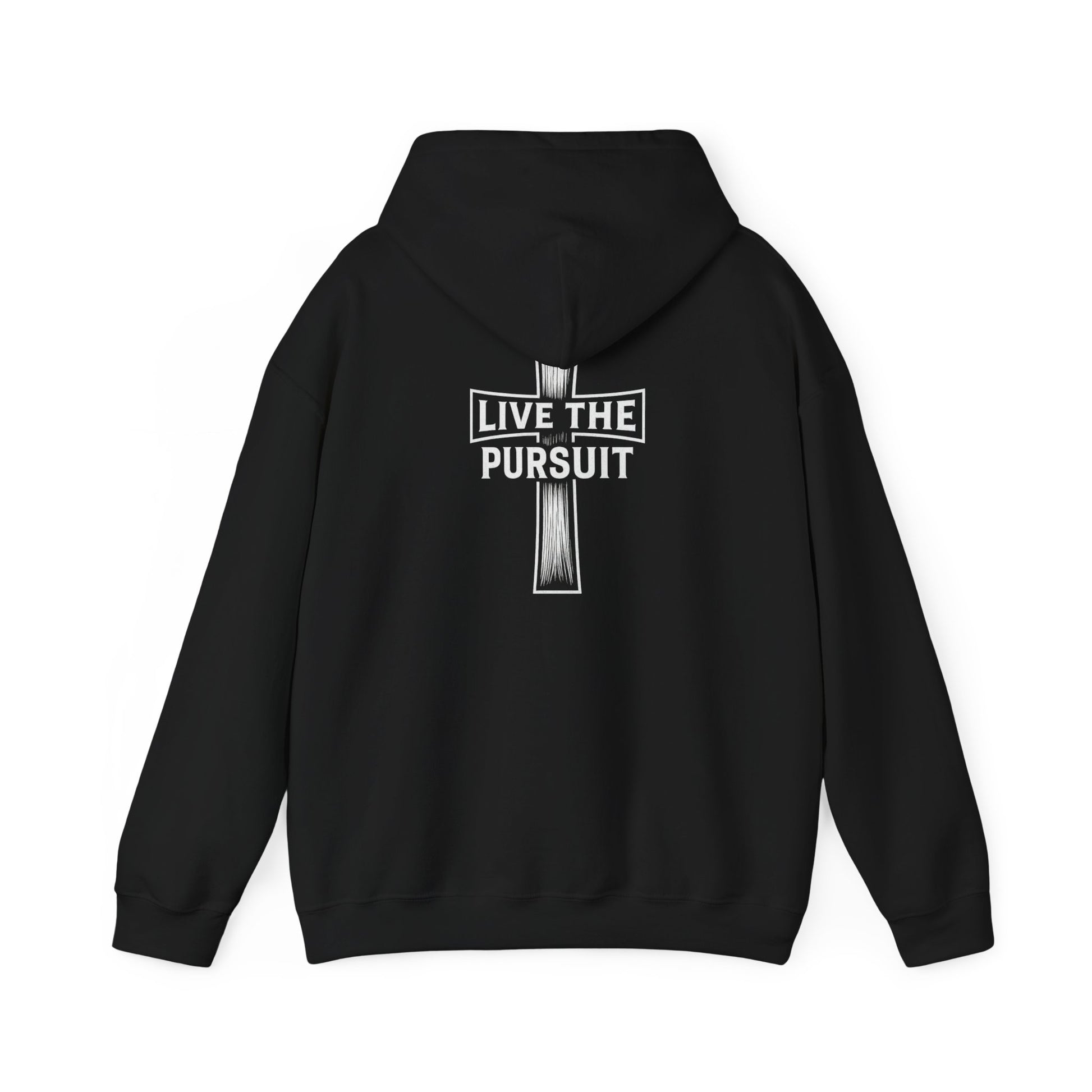 Black Christian hoodie with Live The Pursuit cross design on the back.