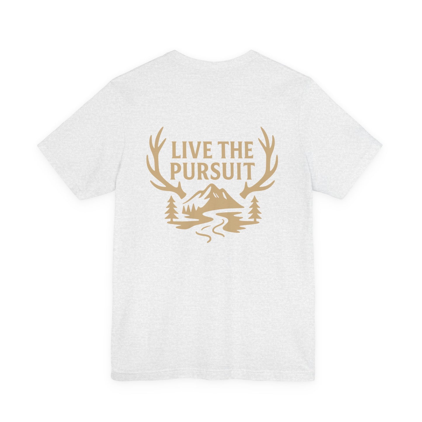 White Live The Pursuit t-shirt with antler and river outdoor graphic.