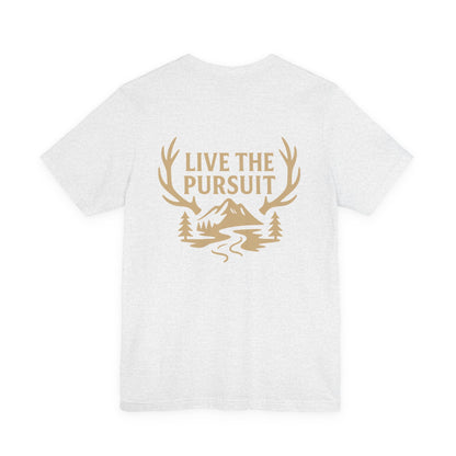 White Live The Pursuit t-shirt with antler and river outdoor graphic.