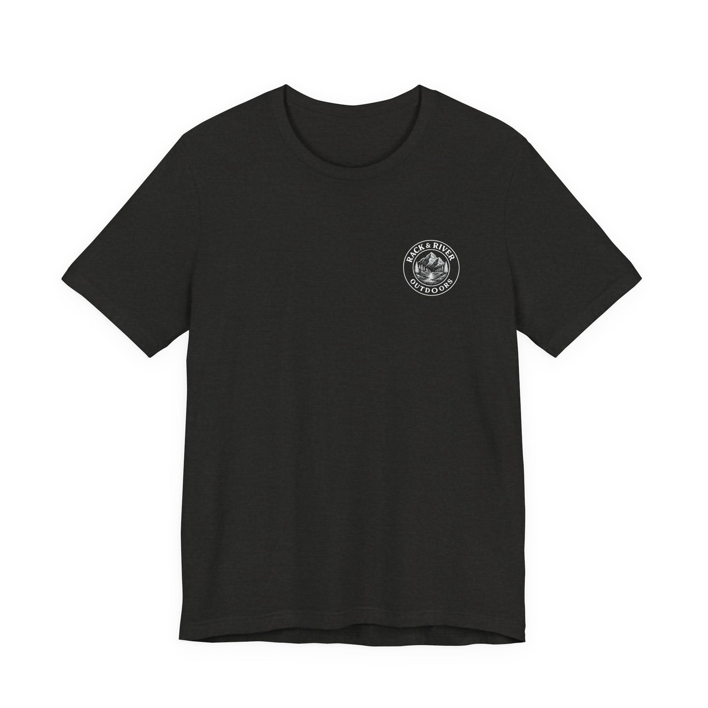 Black Rack & River Outdoors t-shirt with small outdoor chest emblem.