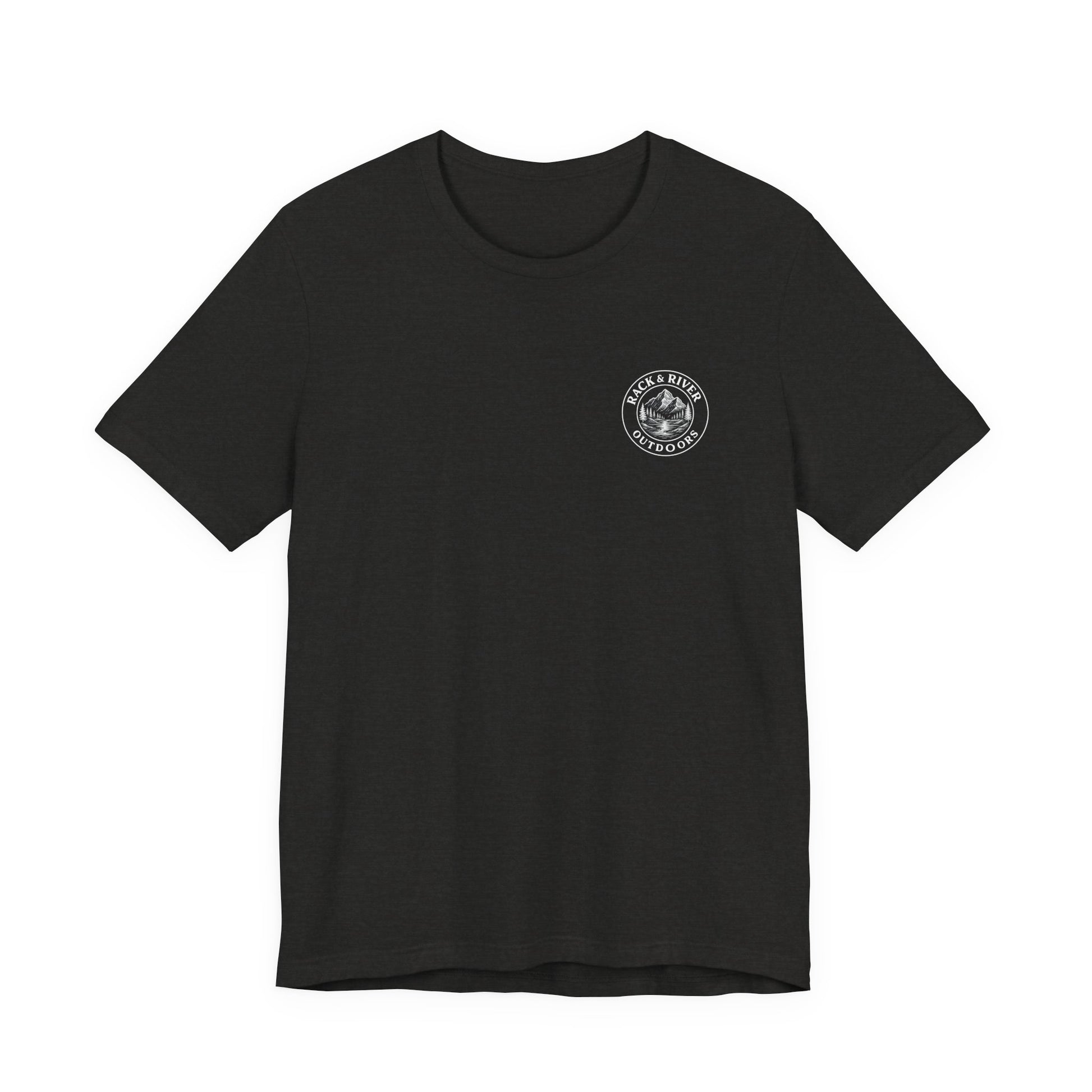 Black Rack & River Outdoors t-shirt with small outdoor chest emblem.