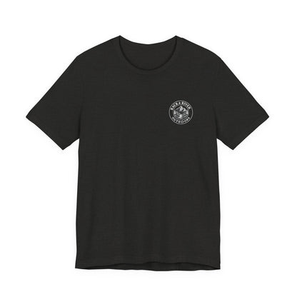 Black Rack & River Outdoors t-shirt with small outdoor chest emblem.