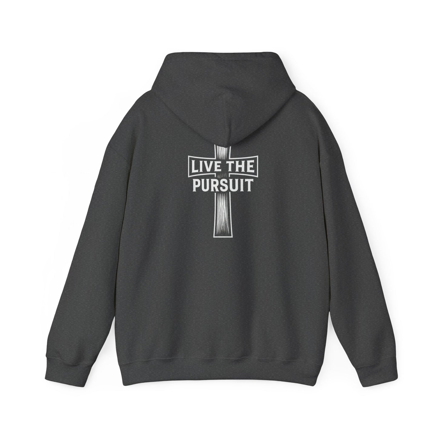 Gray Christian hoodie with Live The Pursuit cross design on the back.
