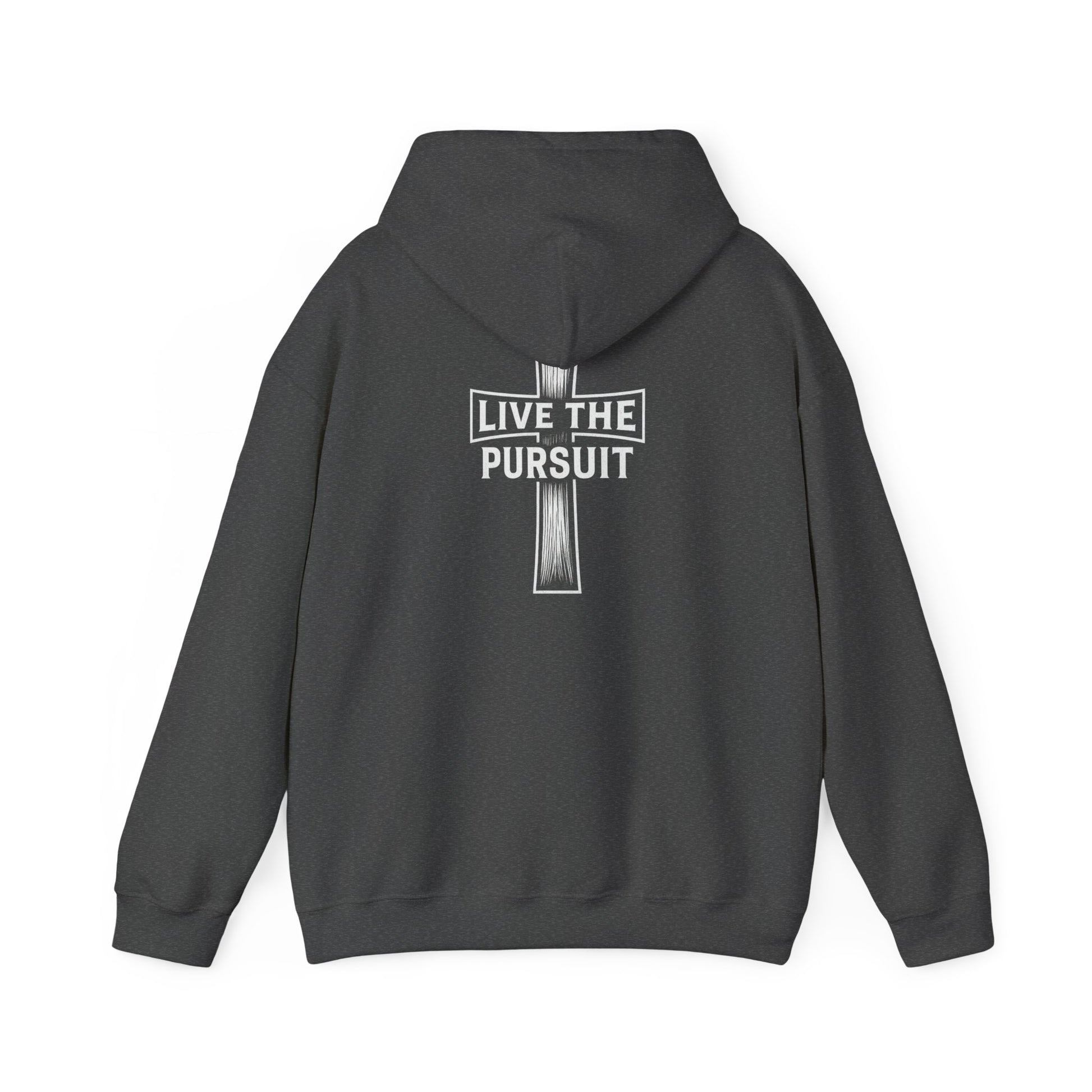 Gray Christian hoodie with Live The Pursuit cross design on the back.