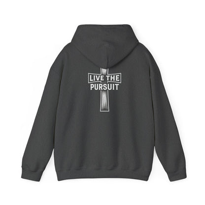Gray Christian hoodie with Live The Pursuit cross design on the back.