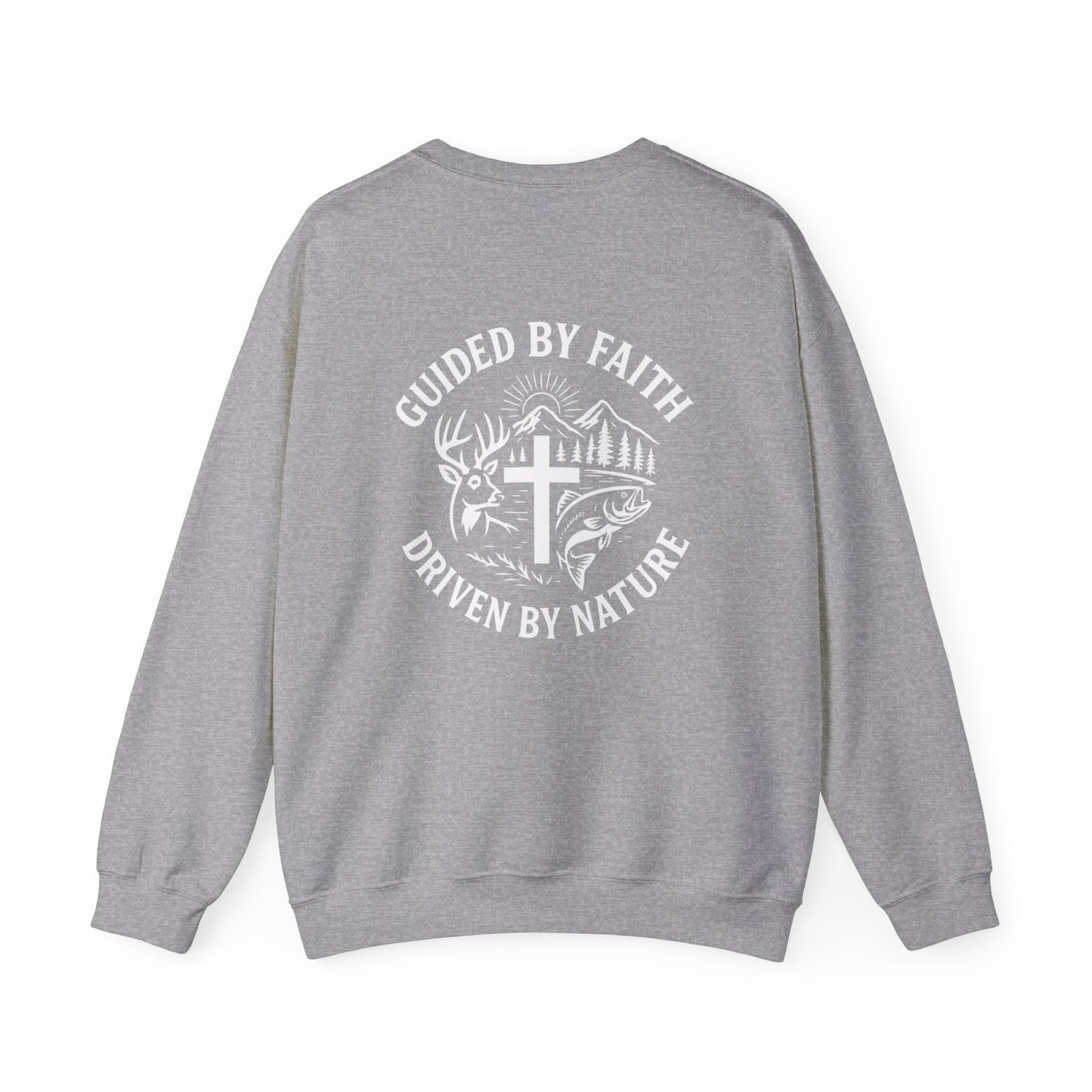 Gray Christian crewneck with ‘Guided by Faith, Driven by Nature’ cross and antler design by Rack & River Outdoors.
